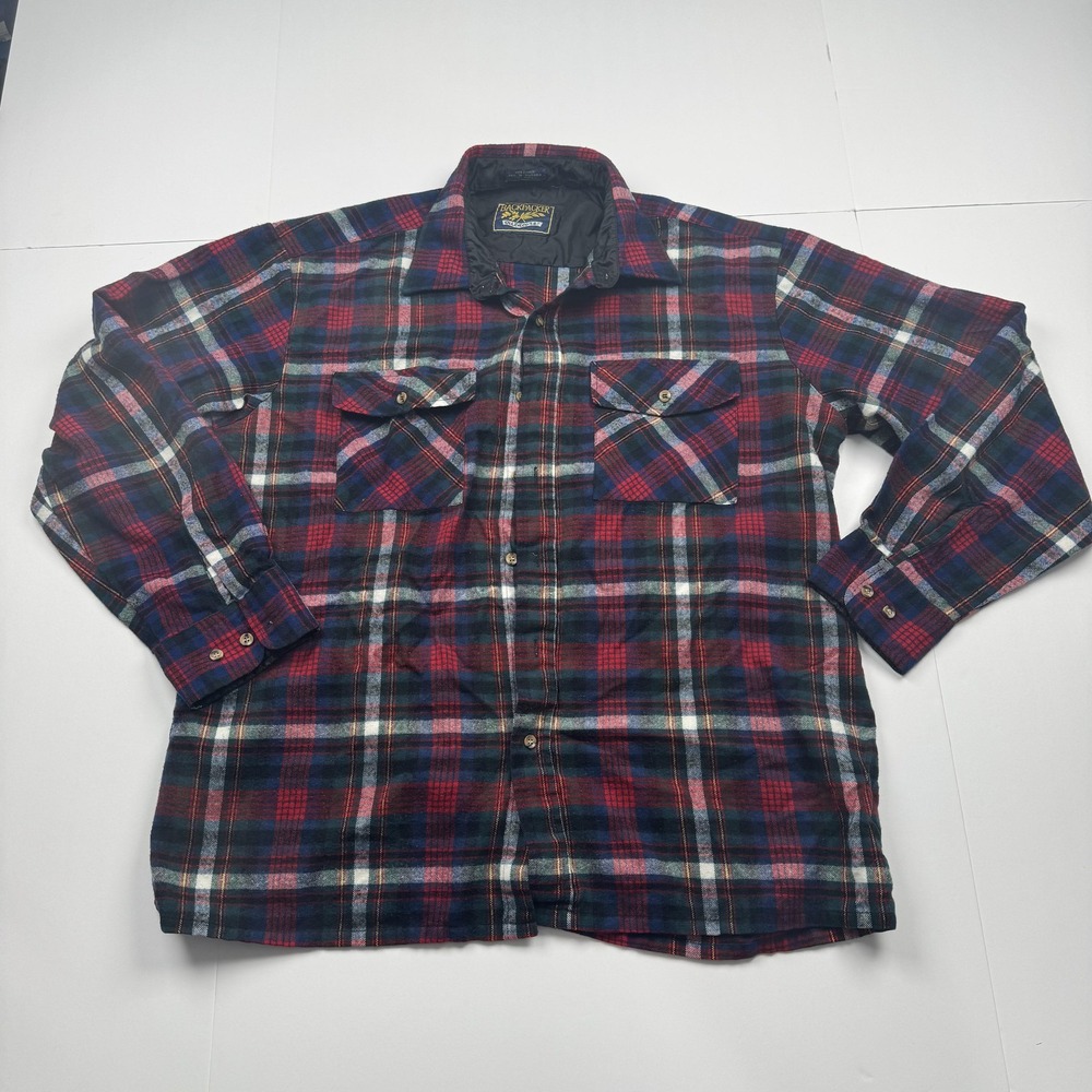 Backpacker Outdoors Mens XL Plaid Flannel Shirt Red Blue Lined Workwear 90s